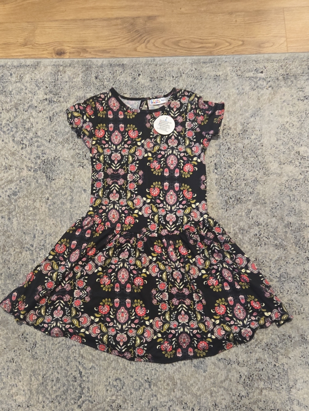 Dot Dot Smile Black Floral Fit-and-Flare Dress with Pink & Green Accents